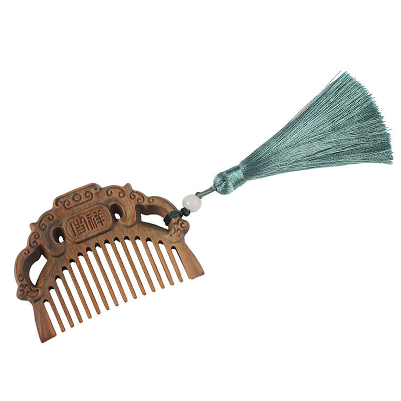 Buddha Stones Green Sandalwood Fox Peony Flower Lotus Engraved Cure Tassel Comb Comb BS 7