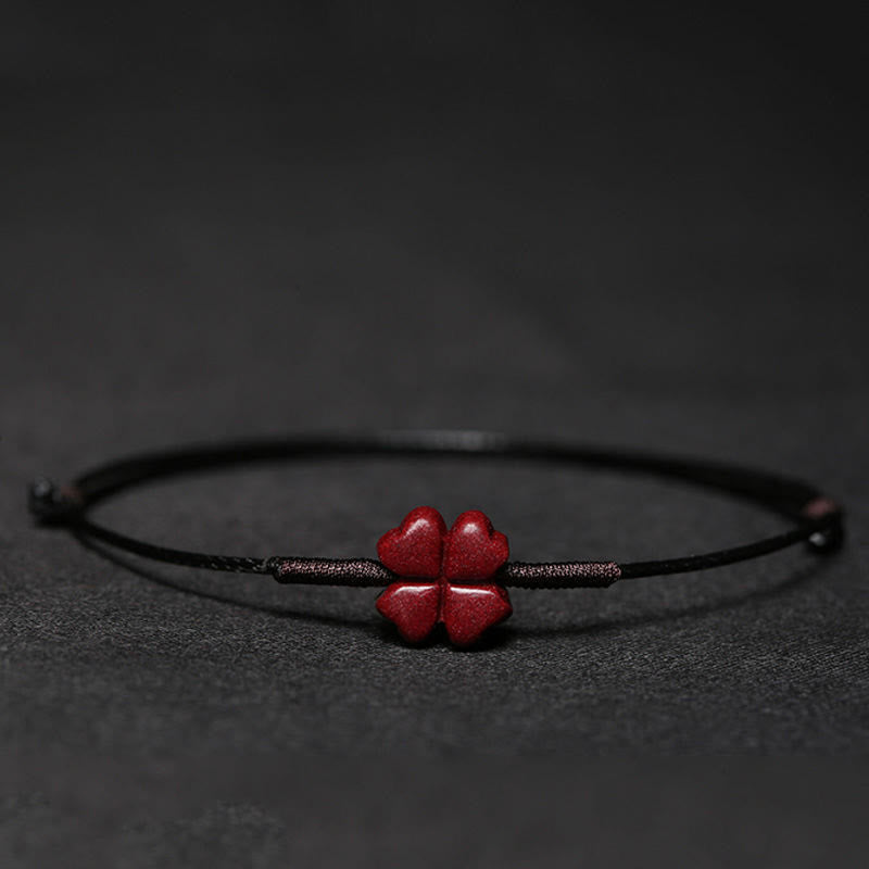 Buddha Stones Handmade Plum Blossom Four Leaf Clover PiXiu Lotus Koi Fish Cinnabar Blessing Braid Bracelet Bracelet BS Black(Wrist Circumference 14-19cm) Four Leaf Clover