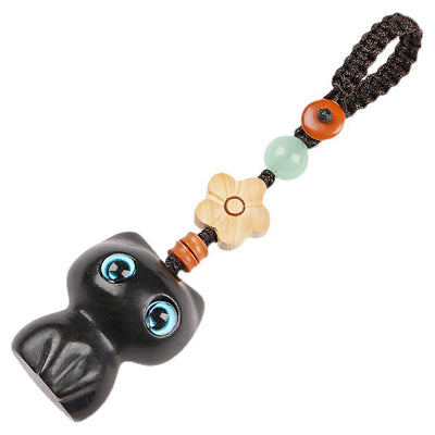 Foviel Mini Small Leaf Red Sandalwood Ebony Wood Lucky Cat Lovely Kitty Peace Key Chain Phone Hanging Decoration