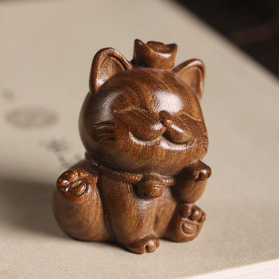 Buddha Stones Mini Green Sandalwood Ingot Lucky Cat Carved Peace Desk Decorations Decorations BS 1