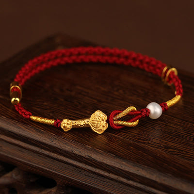Foviel 24K Gold wünschen Ruyi Griff Fu Charakter Kaninchen Perle Glück Geflochten Armband