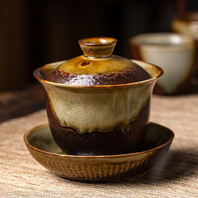 Buddha Stones Vintage Brown Kiln Change Design Porcelain Ceramic Gaiwan Sancai Teacup Kung Fu Tea Cup And Saucer With Lid Cup BS 6