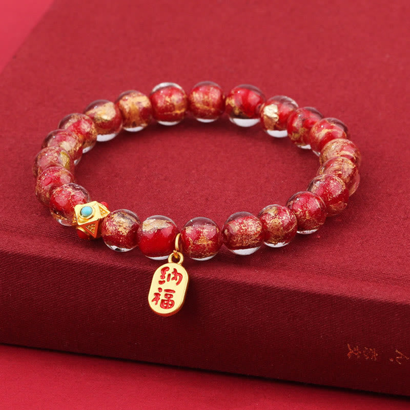 Buddha Stones Tibetan Incense Ash Liuli Glass Bead Lucky Fortune Fu Character Charm Bracelet Bracelet BS Red Liuli Glass Bead(Wrist Circumference 14-15cm)