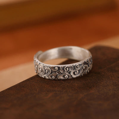 Foviel 999 Sterling Silver Lotus Flower Plum Blossom Auspicious Clouds Engraved Enlightenment Ring