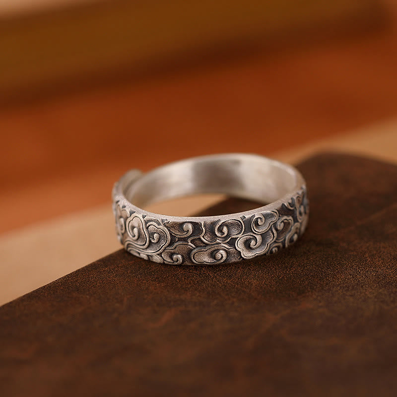 Foviel 999 Sterling Silver Lotus Flower Plum Blossom Auspicious Clouds Engraved Enlightenment Ring