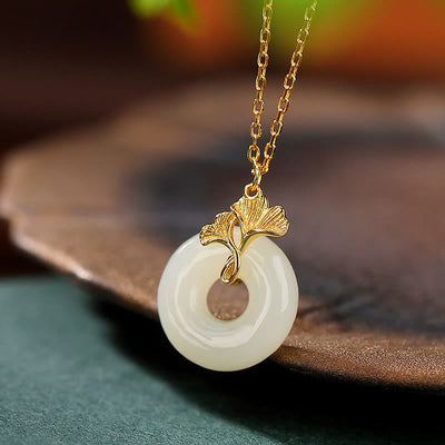 Buddha Stones 925 Sterling Silver Natural Hetian Jade Ginkgo Leaf Peace Buckle Luck Necklace Pendant Necklaces & Pendants BS 2