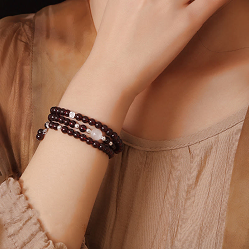 Buddha Stones 925 Sterling Silver Natural Garnet Cat Eye Protection Triple Wrap Bracelet Bracelet BS 9