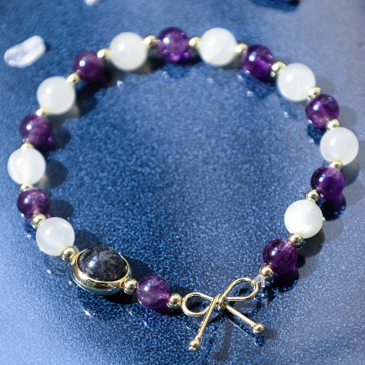 Buddha Stones Amethyst Cat Eye Black Rutilated Quartz Spiritual Bead Bracelet Bracelet BS 4