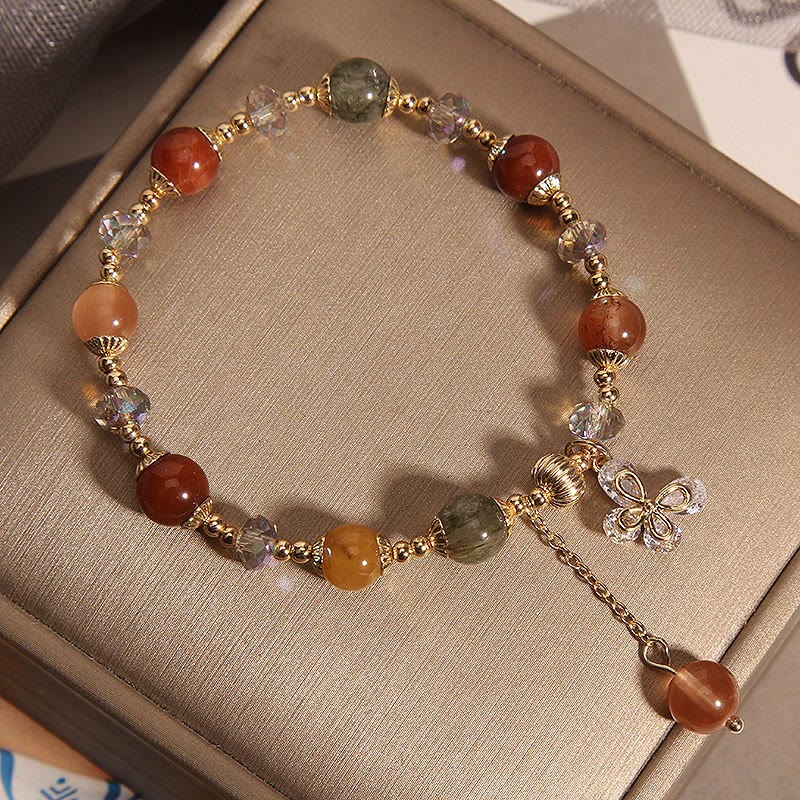 Buddha Stones Natural Fu Lu Shou Rainbow Crystal Rutilated Quartz Wealth Butterfly Charm Bracelet Bracelet BS 2