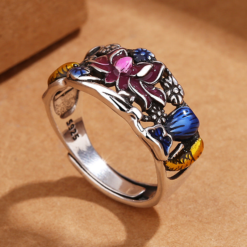 Buddha Stones Koi Fish Lotus Flower Leaf Design Luck Wealth Ring Ring BS 3