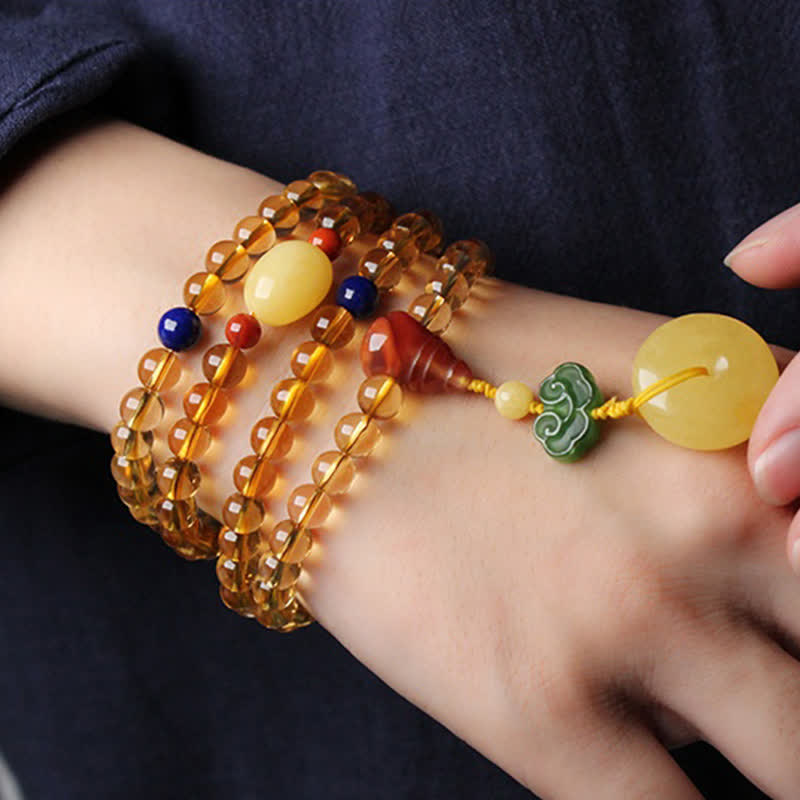 108 Mala Beads Natural Citrine Amber Peace Buckle Red Agate PiXiu Protection Charm Bracelet Mala Bracelet BS 3