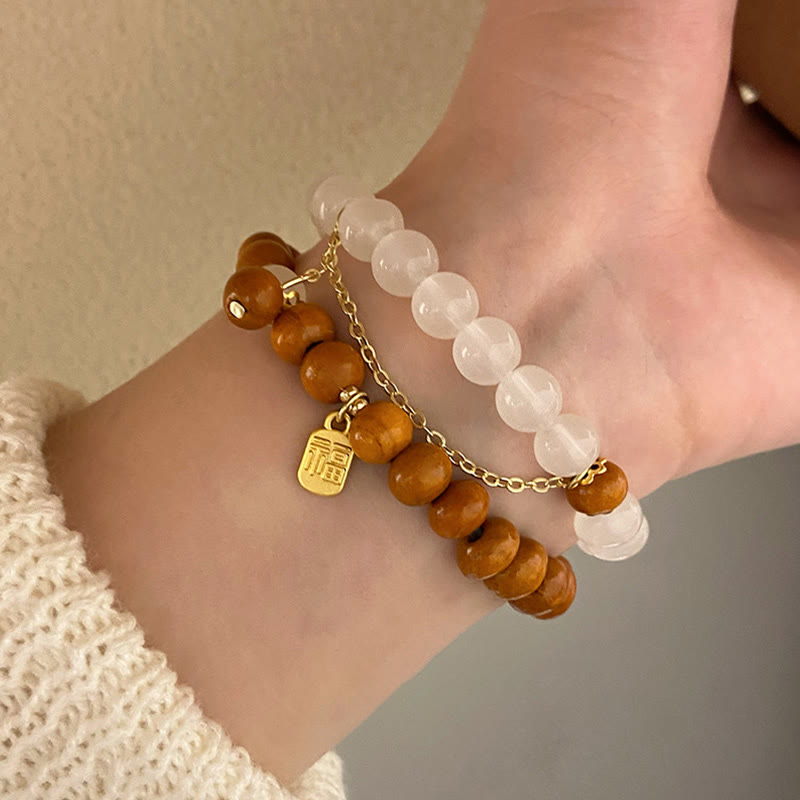 Buddha Stones Sandalwood Cat's Eye Fu Character Charm Protection Bracelet Bracelet BS 18