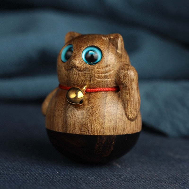 Buddha Stones Mini Lucky Cat Kitten Phoebe Zhennan Wood Blessing Decoration Decorations BS 17