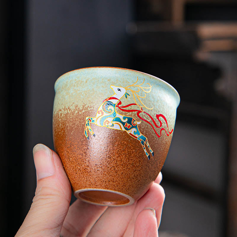 Buddha Stones Colorful Deer Pipa Snow Plum Blossoms Mountains Rivers Bird Ceramic Teacup Kung Fu Tea Cup Bowl Cup BS 2