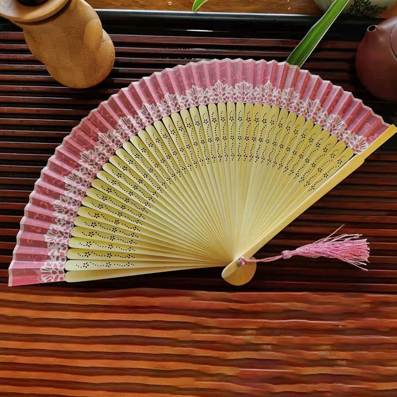 Buddha Stones Simple Hollow Engraved Handheld Bamboo Folding Fan Folding Fan BS 6
