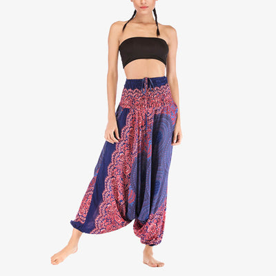 Buddha Stones Two Style Wear Round Geometric Pattern Loose Smocked Harem Trousers Jumpsuit High Waist Women's Yoga Pants Harem Pants&Bodysuit BS 14