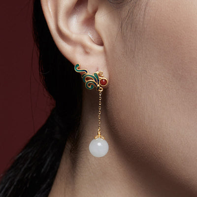 Buddha Stones Vintage White Jade Red Agate Bead Blessing Drop Dangle Earrings Earrings BS White Jade(Protection♥Happiness)