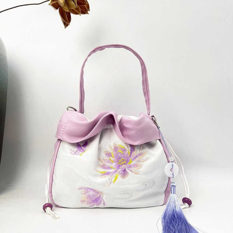 Buddha Stones Suzhou Embroidery Camellia Magnolia Peony Lotus Silk Tote Crossbody Bag Shoulder Bag Handbag Crossbody Bag BS Light Purple Lotus 20*20*7cm