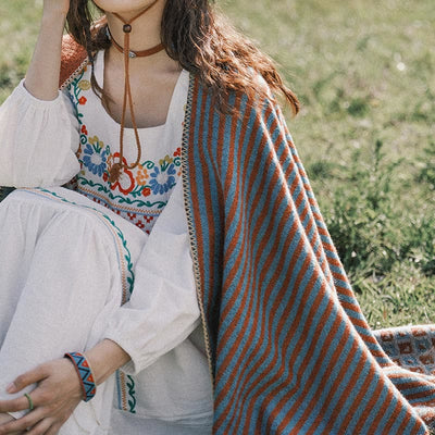 Buddha Stones Tibetan Shawl Striped Diamond Pattern Winter Warm Soft Scarf Tibetan Shawl BS 14