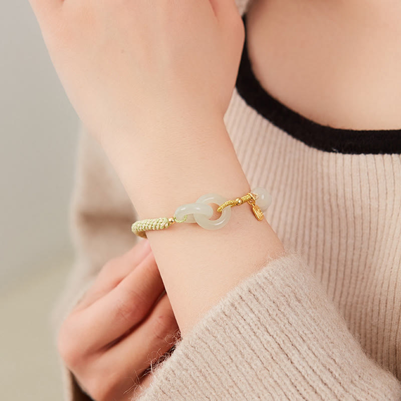 Buddha Stones Natural Hetian Jade Bead Double Peace Buckle Fu Character Abundance Braided Bracelet Bracelet BS 19