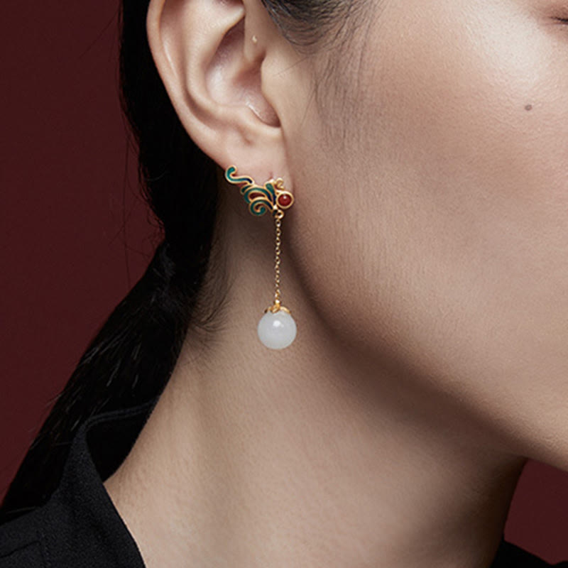 Buddha Stones Vintage White Jade Red Agate Bead Blessing Drop Dangle Earrings Earrings BS 5