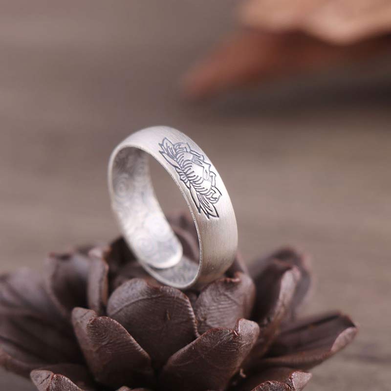 Foviel 999 Sterling Silver Lotus Elephant Six True Words Blessing Ring