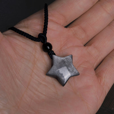 Buddha Stones Natural Silver Sheen Obsidian Star Crescent Moon Protection Necklace Pendant Necklaces & Pendants BS 6