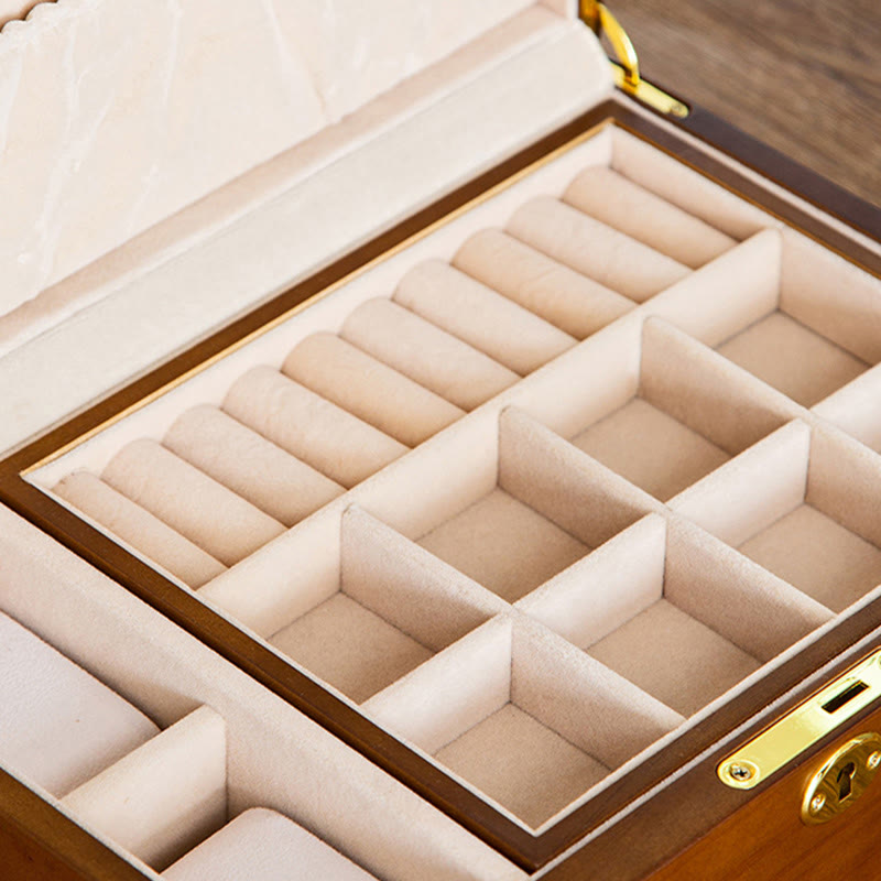 Buddha Stones Vintage Wooden Jewelry Box Two-Layer Solid Wood Jewelry Storage Box Jewelry Box BS 5