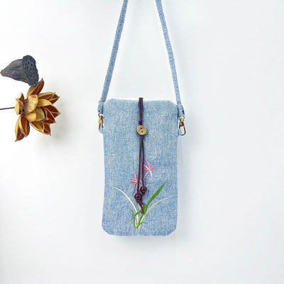 Buddha Stones Small Embroidered Flowers Crossbody Bag Shoulder Bag Cellphone Bag 11*20cm Crossbody Bag BS Light Blue Orchid 11*20cm