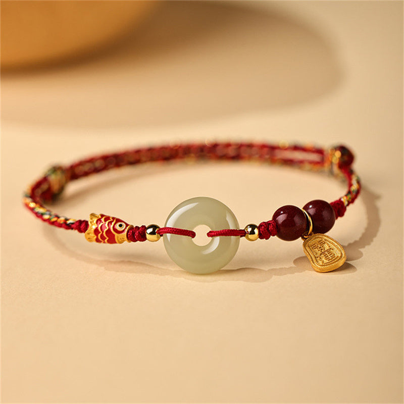 Buddha Stones 925 Sterling Silver Koi Fish Hetian Jade Peace Buckle Luck Bracelet Bracelet BS 1