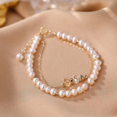 Buddha Stones 925 Sterling Silver 14K Gold Plated Natural Pearl Crystal Healing Double Layer Bracelet Bracelet BS 2