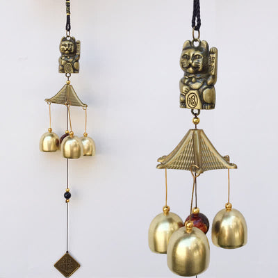 Buddha Stones Auspicious Wealth Cat Wall Hanging Chime Bell Copper Luck Handmade Home Decoration Decorations BS 43cm