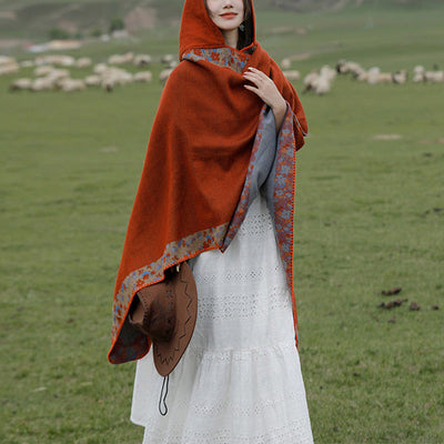 Buddha Stones Tibetan Shawl Border Small Floral Flower Hooded Cloak Winter Cozy Travel Scarf Wrap Tibetan Shawl BS Orange 150*130cm