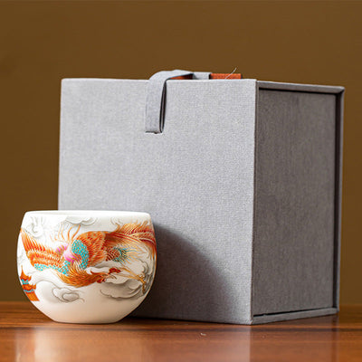 Buddha Stones Dragon Phoenix Auspicious Clouds Ceramic Teacup Kung Fu Tea Cup With Gift Box Cup BS Red Phoenix 6.5cm*5.5cm*130ml(Gift Box)