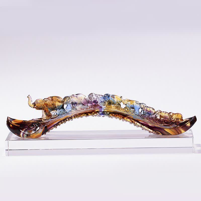 Buddha Stones Handmade Liuli Crystal Ruyi Elephant Art Piece Home Decoration With Crystal Base Decorations BS 8