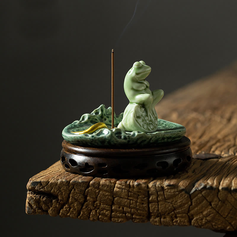 Buddha Stones Leaf Meditation Frog Pattern Healing Ceramic Incense Burner Decoration Incense Burner BS 17