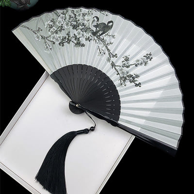 Buddha Stones Vintage Bamboo Peony Butterfly Lotus Handheld Silk Folding Fan With Bamboo Frames Folding Fan BS Birds Flowers