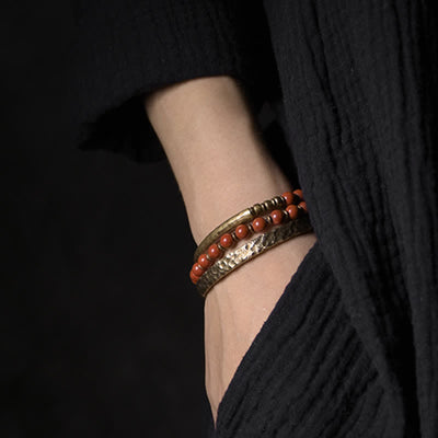 Buddha Stones Red Jasper Moss Agate Black Obsidian Crystal Copper Peace Couple Bracelet Bracelet BS 2