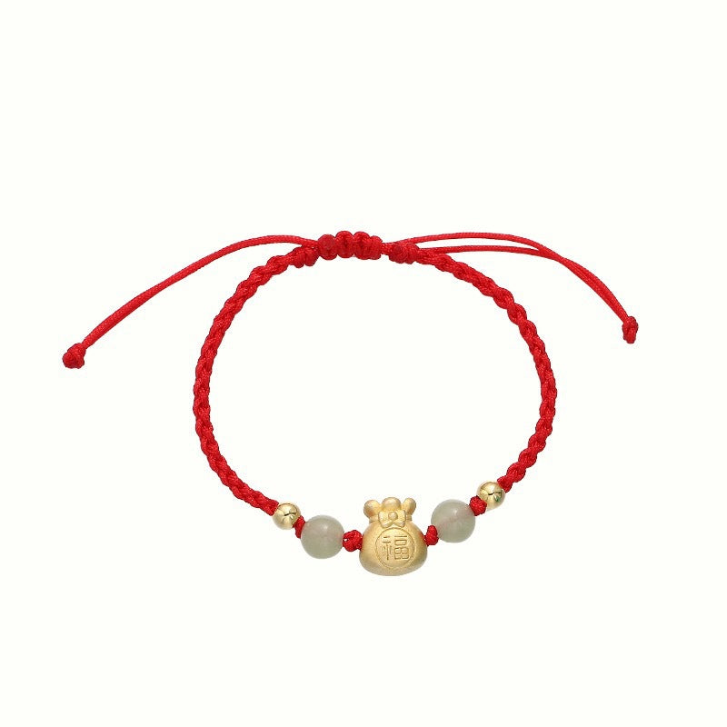 Buddha Stones Lucky Money Bag Fu Character Jade Bead Luck Braided Bracelet Bracelet BS 3