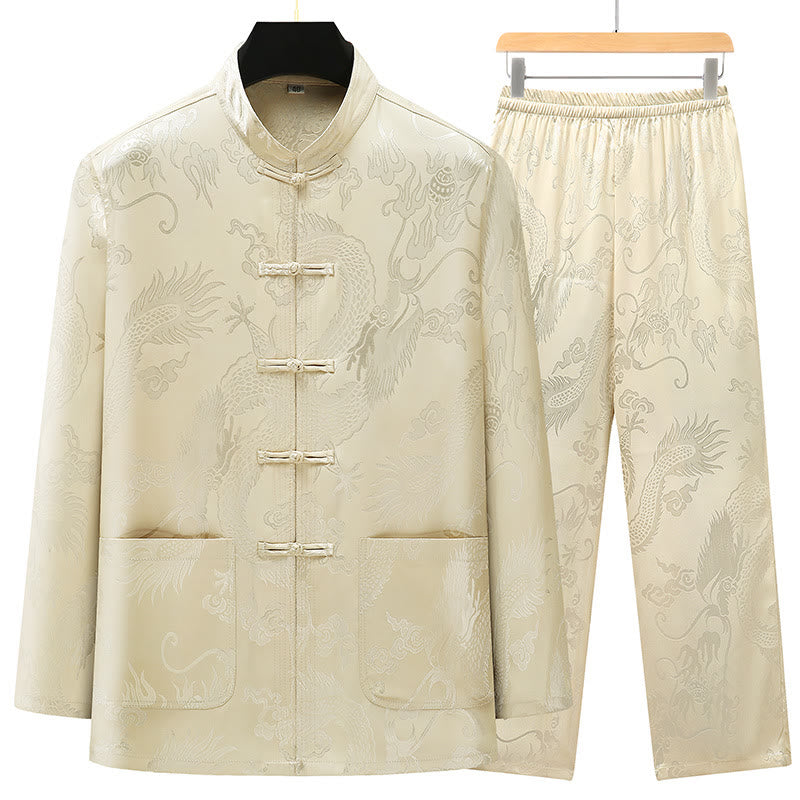 Buddha Stones Tang Suit Men Hanfu Chinese Dragon Traditional Clothes Kung Fu Shirt Uniform Long Sleeved Coat Tops and Pants Clothing Men's Set - Beige - US/UK/AU42，EU52 (3XL) - image 17