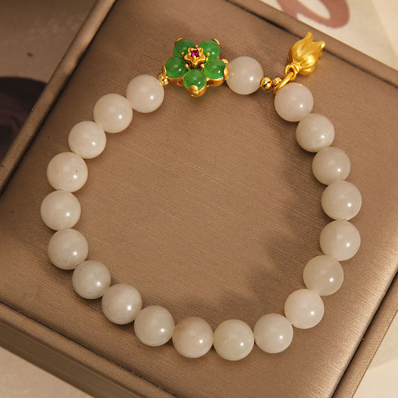 Buddha Stones Natural Jade Green Flower Lily Of The Valley Luck Bracelet Bracelet BS 2