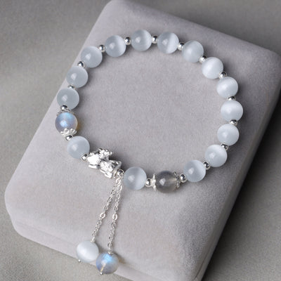 Buddha Stones Natural Cat's Eye Moonstone Strawberry Quartz PiXiu Support Bracelet Bracelet BS 2