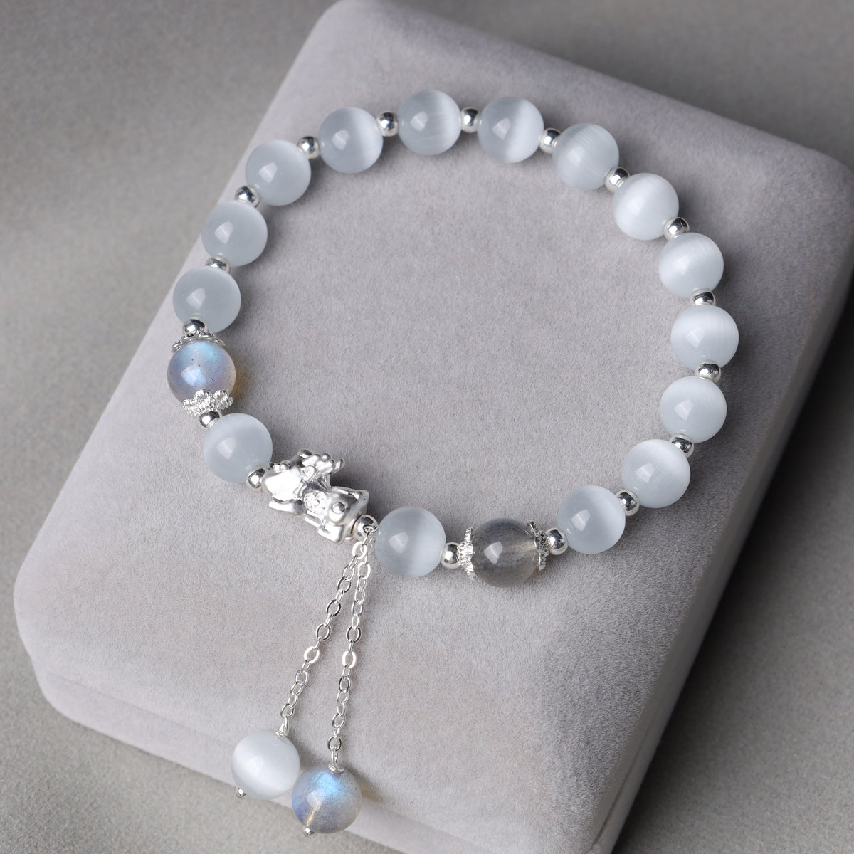 Buddha Stones Natural Cat's Eye Moonstone Strawberry Quartz PiXiu Support Bracelet Bracelet BS 2