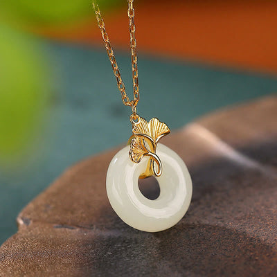 Buddha Stones 925 Sterling Silver Natural Hetian Jade Ginkgo Leaf Peace Buckle Luck Necklace Pendant Necklaces & Pendants BS Hetian Jade(Prosperity♥Abundance)