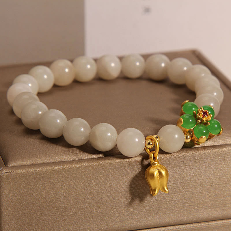 Buddha Stones Natural Jade Green Flower Lily Of The Valley Luck Bracelet Bracelet BS 1