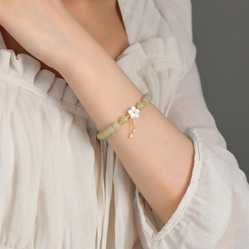 Buddha Stones 925 Sterling Silver Natural Hetian Jade Luck Flower Bracelet Bracelet BS 10