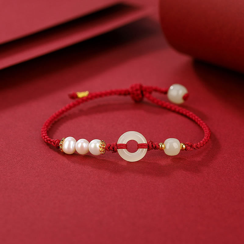 Buddha Stones 925 Sterling Silver Plated Gold Hetian Jade Peace Buckle Pearl Luck Bracelet Bracelet BS 7
