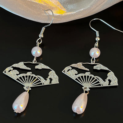 Buddha Stones Copper Fan Auspicious Clouds Pearl Healing Drop Earrings 2