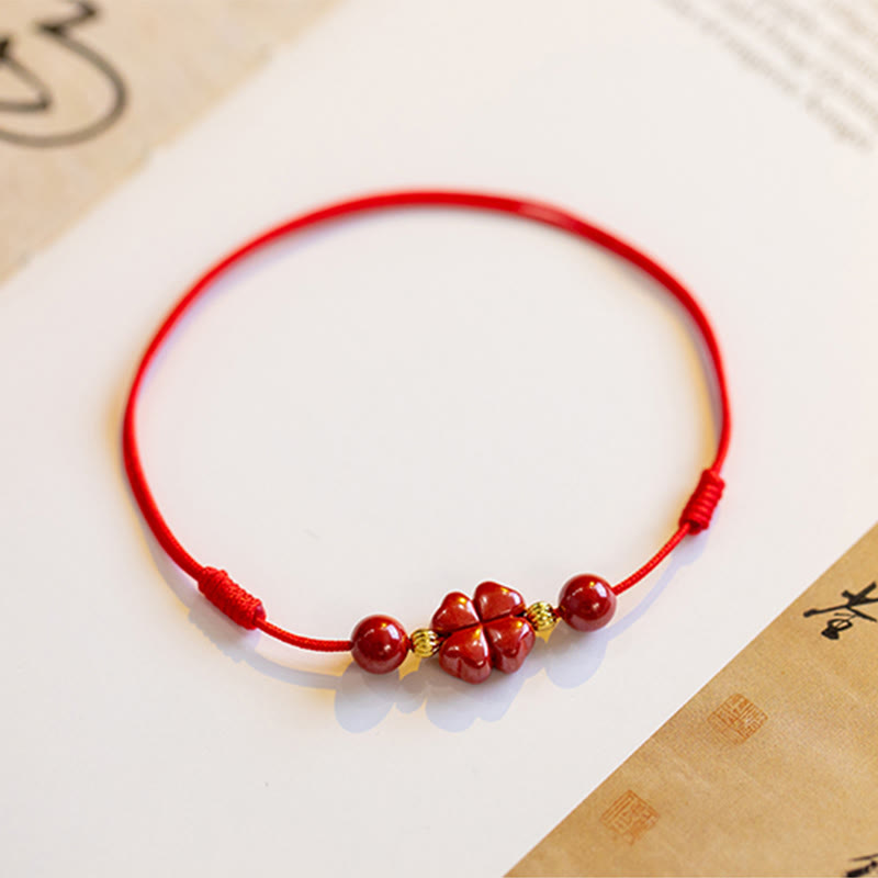 Buddha Stones Four Leaf Clover Cinnabar Blessing Calm String Bracelet Anklet Bracelet BS 16