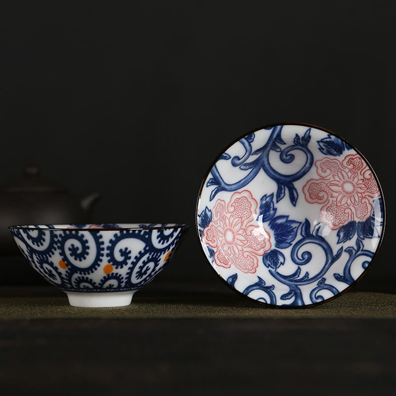 Buddha Stones Flowers Fu Character Mountains Lotus Cherry Blossoms Ceramic Teacup Kung Fu Tea Cup Cup BS Red Flower Blue Leaf 8.5cm*4cm*90ml